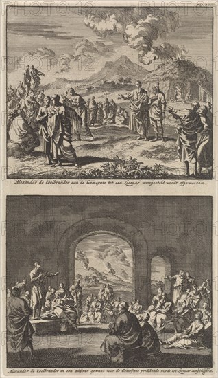 Holy Alexander carbonarius is rejected by the early Christian church and holy Alexander carbonarius preaches to the early Christian church, Jan Luyken, Barent Visscher, Jacobus van Hardenberg, 1700