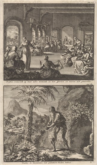 Early Christian community of women working in their monastery and St. Paul the Hermit, Jan Luyken, Barent Visscher, Jacobus van Hardenberg, 1700