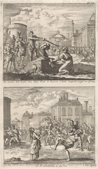 Beheading of a Christian in Rome and Saint Agnes who is protected by a bird, Jan Luyken, Barent Visscher, Jacobus van Hardenberg, 1700