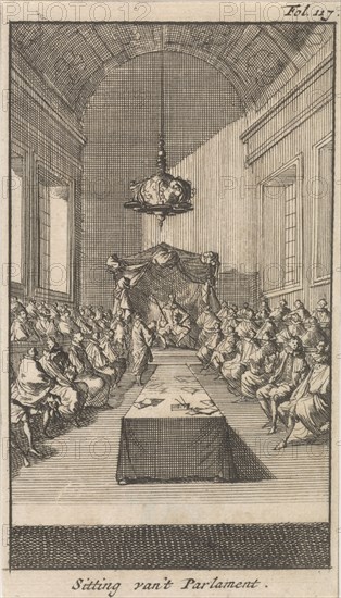 Cardinal Mazarin in a meeting with Louis XIII and his advisers, 1643, Caspar Luyken, Boudewijn van der Aa, 1699