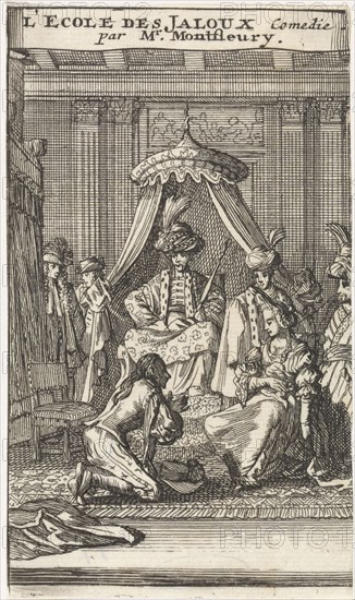 Santillane kneeling in a bedroom in the presence of Guzman, Fabrice, Don Lope and Don Carlos for his wife Leonor, Caspar Luyken, Adriaan Braakman, 1698