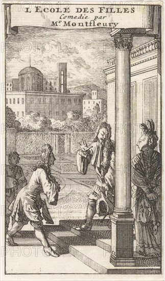 Isabelle is greeted on the sidewalk in front of her house by Don Jouan and Don Carlos, Caspar Luyken, Adriaan Braakman, 1698