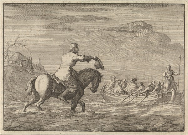 Arrival of William III at the Oranjepolder in a rowing boat, 1691, Jan Luyken, Pieter van der Aa (I), 1698