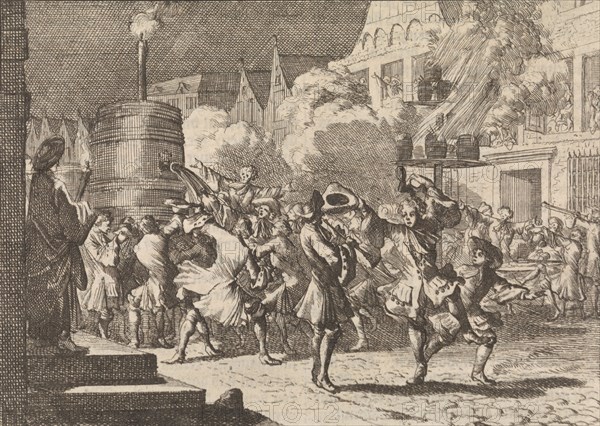 Joy in Paris following the false news of the death of William III at the Battle of the Boyne, 1690, Caspar Luyken, Pieter van der Aa I 1698