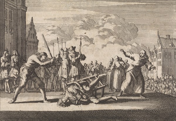 At Mainz, the Imperial High Commissioner Cronsbruck gets decapitated, 1691, Jan Luyken, Pieter van der Aa (I), 1698