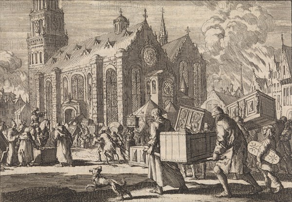 Residents of Spiers bringing in good faith their furniture to the Cathedral where they are then burned by the French General Monclar, 1689, print maker: Jan Luyken, Pieter van der Aa I, 1698
