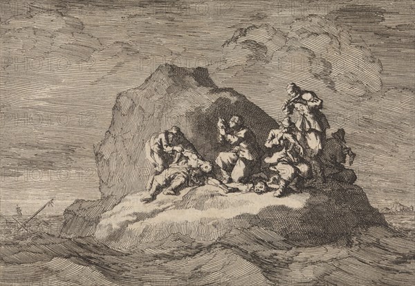 Sad state of seven sailors from the ship The Karseboom, wrecked at Halmstad, Sweden, 1678, Jan Luyken, Pieter van der Aa I, 1698