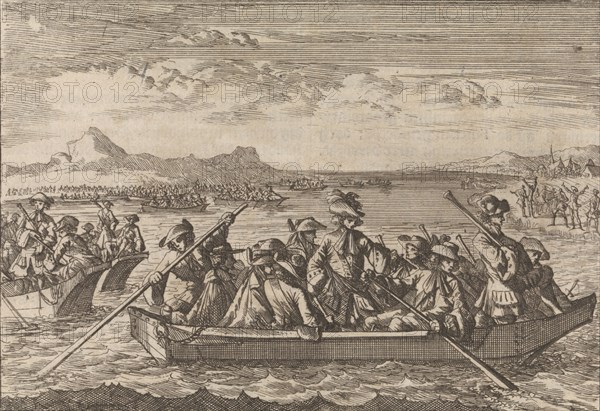 Waldensians chased from Savoy crossing the Lake Geneva in boats back to their country, 1689, Switzerland