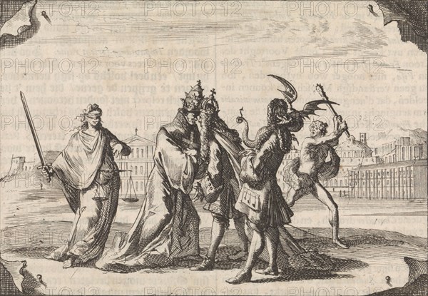 Cartoon about the struggle between Louis XIV and Pope Innocent XI, 1687, Caspar Luyken, Pieter van der Aa (I), 1698