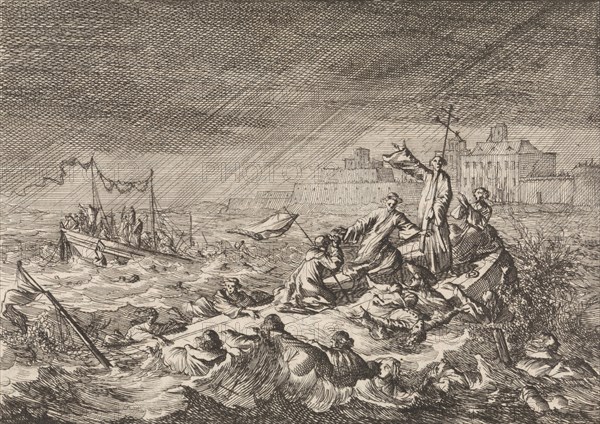 On the Vistula in Warsaw Poland, two ships with clergy and pilgrims become shipwrecked in a whirlwind, 1683, Caspar Luyken, Pieter van der Aa I, 1698