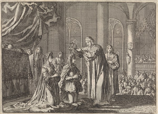 Coronation of William III and Mary II Stuart by the Archbishop of Canterbury, 1689, Jan Luyken, Pieter van der Aa (I), 1698