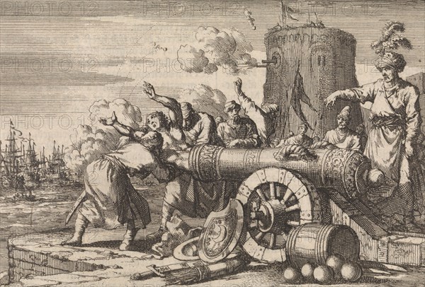 During the French bombardment of Algiers, the French consul is loaded in a cannon by the Algerians and killed, 1683, Algeria