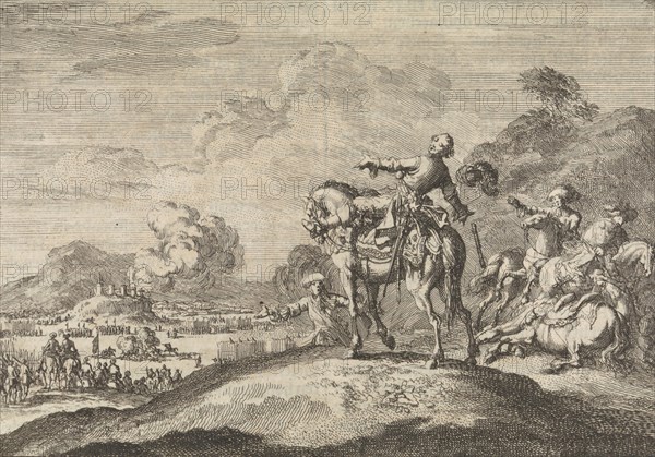 Marshal Turenne falls dead from his horse, 1675, Jan Luyken, Pieter van der Aa (I), 1698