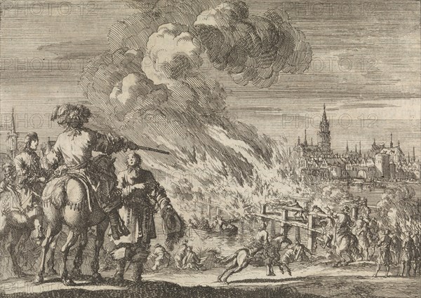 Louis, Grand Condé lets the bridge of Strasbourg burn, 1672, Jan Luyken, Pieter van der Aa (I), 1698