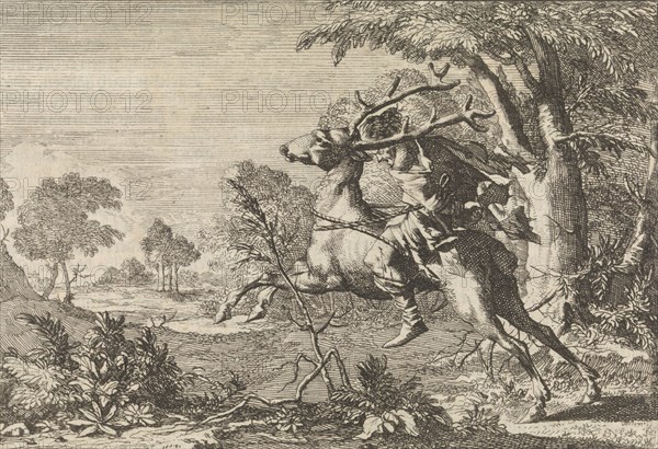 Man strapped on the back of a deer sent into the wilderness, 1666, Caspar Luyken, Pieter van der Aa I, 1698