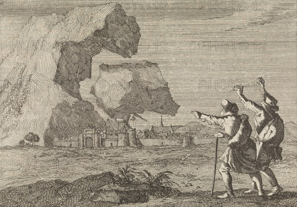 Salzburg, Austria, is destroyed by a crumbling mountain, 1669, print maker: Caspar Luyken, Pieter van der Aa I, 1698