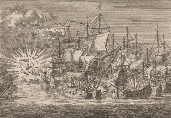 Five Zeeland privateers fight against eight Portuguese warships off the coast of Brazil, in 1657, Jan Luyken, Pieter van der Aa I, 1698