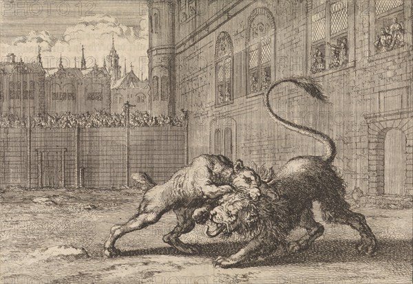 Battle in London between a dog and a lion, 1664, Jan Luyken, Pieter van der Aa I, 1698