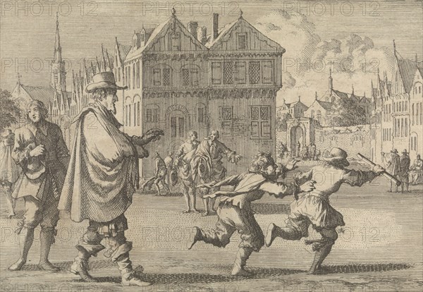Boy offends the Mayor of Strasbourg by stealing the stick from his clerk, 1671 France, print maker: Jan Luyken, Pieter van der Aa I, 1698