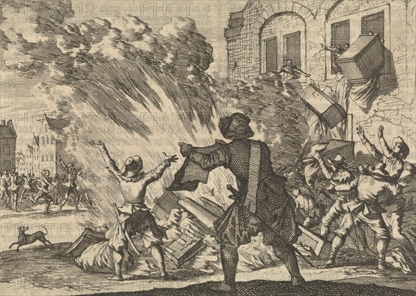 Tollbooth in Lyon is plundered as a result of increased excise duties, 1625, Caspar Luyken, Pieter van der Aa (I), 1698