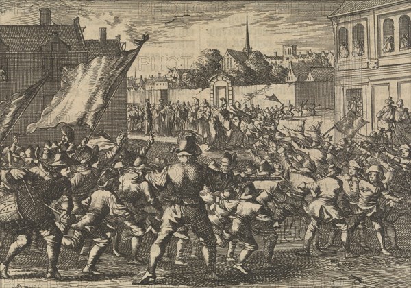 Fight of boys in the Chamb in the Paltz, Germany, depicting the Count of Tilly and Gustavus Adolphus, 1632, Caspar Luyken, Pieter van der Aa I, 1698