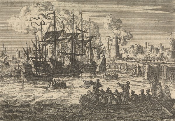 Port of Salé with the English fleet and a sloop of Turks, 1638, Jan Luyken, Pieter van der Aa (I), 1698
