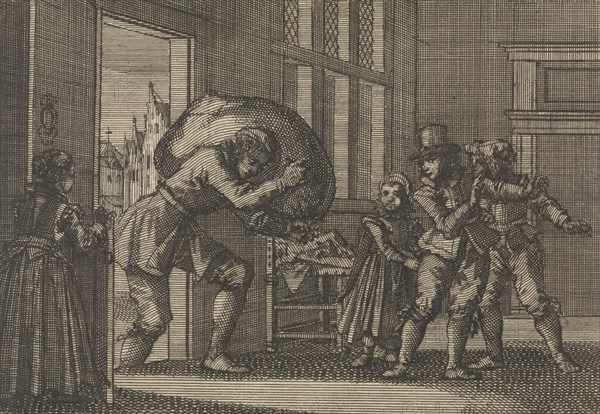 During the siege of La Rochelle the widow of Prosui is brought a sack of grain, 1628, Jan Luyken, Pieter van der Aa (I), 1698