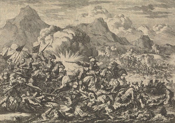Pappenheim beats the resurrected farmers in Austria near Linz on the Danube, 1626, Jan Luyken, Pieter van der Aa (I), 1698
