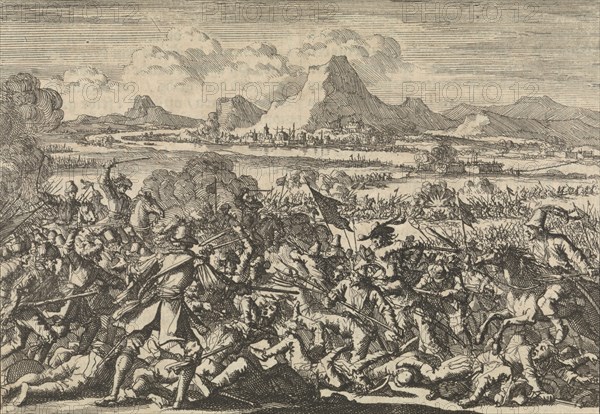 The Imperial army is defeated by the French at Mazia in Valtellina, Italy 1635, Jan Luyken, Pieter van der Aa I, 1698