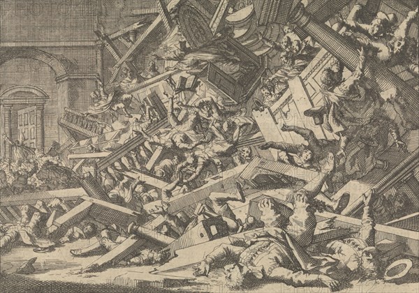 Collapsed gallery during a Catholic worship in the house of the Spanish ambassador in London, 1623, Jan Luyken, Pieter van der Aa I, 1698