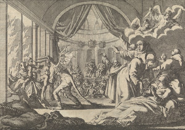 Satirical theatrical performance given by King Philip IV of Spain to his guest Charles I of England, 1623, Jan Luyken, Pieter van der Aa (I), 1698
