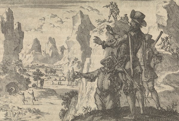 Armed Spaniards watching wild people from rocks, ca. 1600, print maker: Jan Luyken, Pieter van der Aa I, 1698