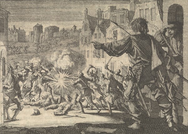 Street fighting in Geneva to defend against an attack by Charles Emmanuel, Duke of Savoy, 1602, Jan Luyken, Pieter van der Aa (I), 1698