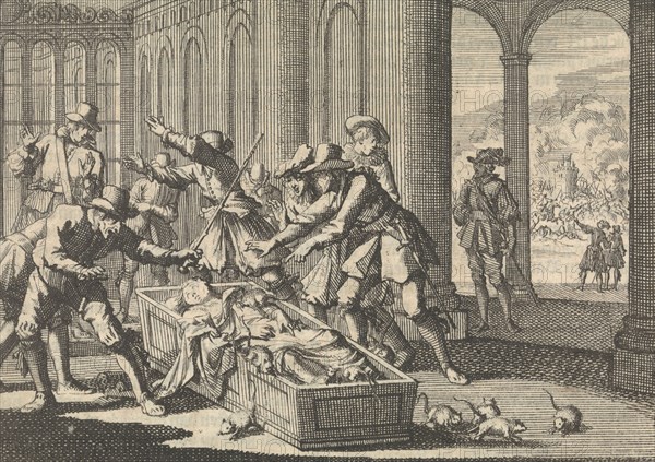 Servants of the Duke of Aumale attempt to shoo away the rats in his coffin, 1591, Jan Luyken, Pieter van der Aa (I), 1698