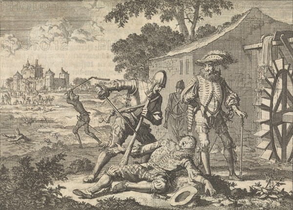 Count Wirich Philipp von Daun, Count Falkenstein, killed by Spaniards at a watermill, 1598, Jan Luyken, Pieter van der Aa (I), 1698
