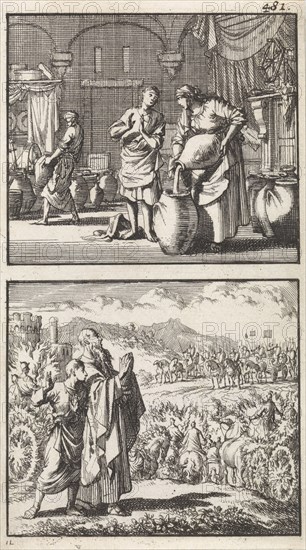 The widow of Zarephath fills the miraculous cruse of oil, Elisa's performance in the war against Syria, Jan Luyken, Barent Visscher, Andries van Damme, 1698
