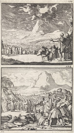Moses explains the Ten Commandments to the elders on Mount Sinai, Caspar Luyken, Barent Visscher, Andries van Damme, 1698