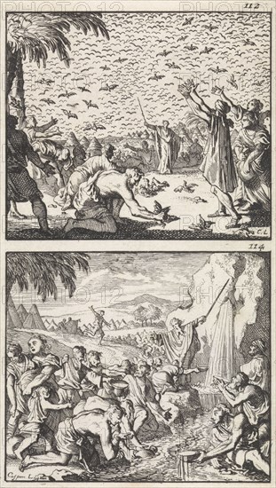 Quail in the Desert, Moses strikes water from the rock, print maker: Caspar Luyken, Barent Visscher, Andries van Damme, 1698