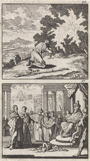 Moses at the burning bush, Moses and Aaron before the Pharaoh, Caspar Luyken, Barent Visscher, Andries van Damme, 1698