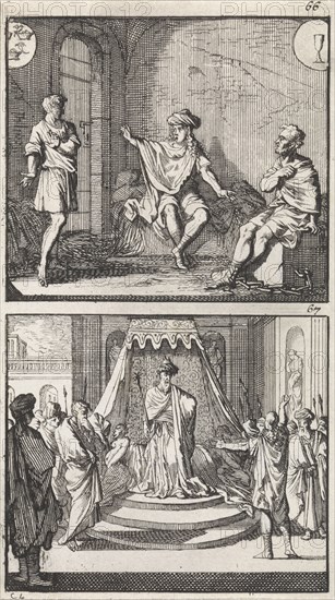 Joseph interprets dreams in jail, Joseph interprets the dreams of the Pharaoh, print maker: Caspar Luyken, Barent Visscher, Andries van Damme, 1698