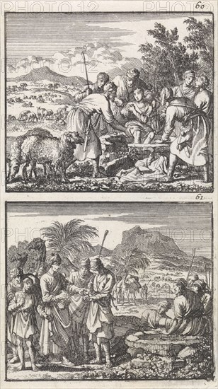 Joseph is thrown in the pit by his brothers, Joseph sold by his brothers, Jan Luyken, Barent Visscher, Andries van Damme, 1698
