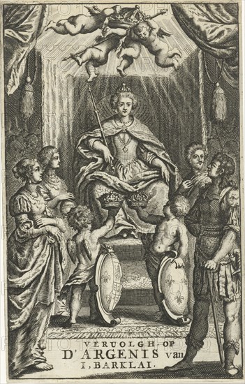 Enthroned queen offered two crowns, Jan Luyken, Crispijn van de Passe, Jan Claesz ten Hoorn, 1681