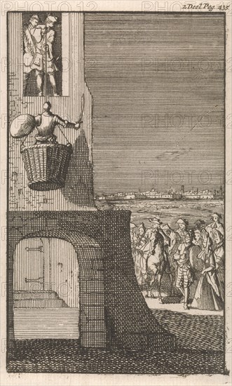 Don Clarazel in a laundry basket, Caspar Luyken, Johannes Broersz, Nathanael Holbeex, 1697