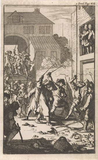 Don Clarazel mistreated by coachmen in an inn near Toulon France, Caspar Luyken, Johannes Broersz, Nathanael Holbeex, 1697