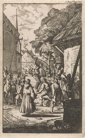 Fight of Don Clarazel with farmers in the village Uxel, Caspar Luyken, Johannes Broersz, Nathanael Holbeex, 1697