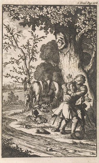 Don Clarazel embraces Gandales, he chooses his squire, Caspar Luyken, Johannes Broersz, Nathanael Holbeex, 1697
