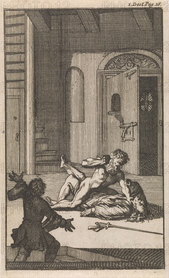 Don Clarazel attacked in Marseille by the insane brother's worth, Caspar Luyken, Johannes Broersz, Nathanael Holbeex, 1697