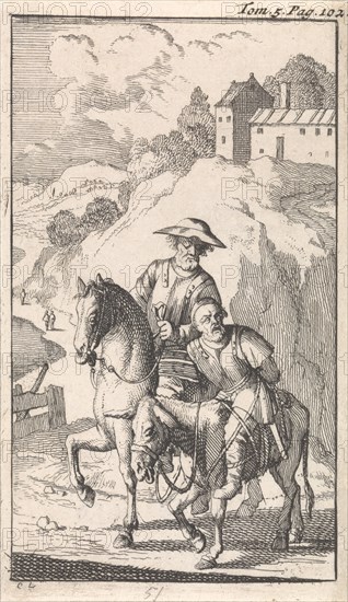 Sancho is tied up by his master on a donkey, Caspar Luyken, Pieter Mortier, 1696