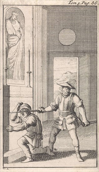 In a church Sancho kneels before an icon and is knighted, Caspar Luyken, Pieter Mortier, 1696