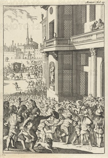 Large popular uprising before the palace in Madrid, Spain, print maker: Caspar Luyken, Willem Broedelet, 1696
